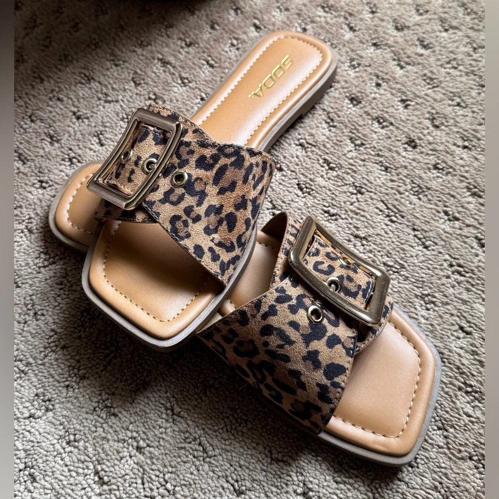 SODA Leopard Print Slide Sandals with Buckle - Tan/Black - Picture 2 of 3